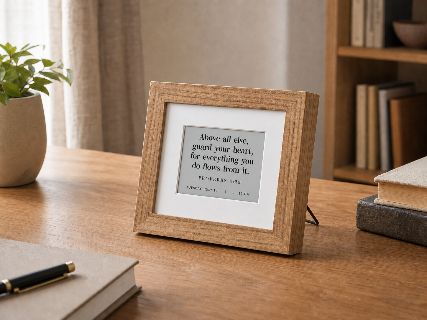 The Verse Clock on a desk in a softly lit room
