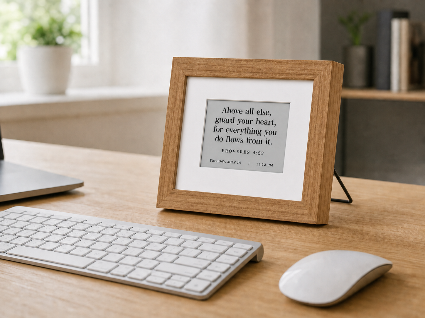 The Verse Clock beside a keyboard and mouse